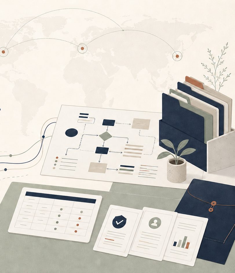 Illustration d'un plan d'organisation, de dossiers classés et d'outils de suivi sur un bureau