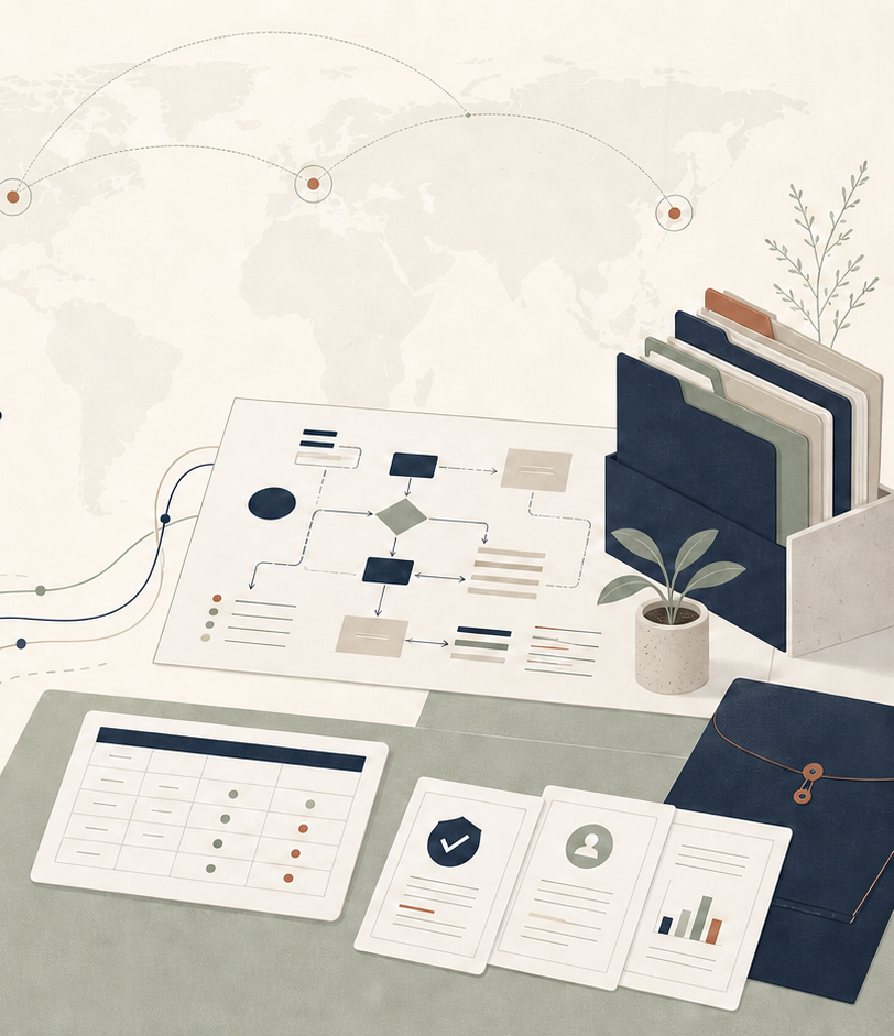 Illustration d'un plan d'organisation, de dossiers classés et d'outils de suivi sur un bureau