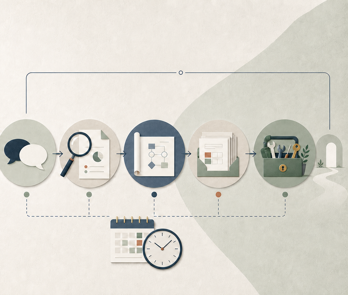 Illustration des cinq étapes de la méthode AdeVia : échange, diagnostic, plan d'action, mise en place, autonomie