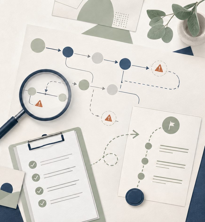 Illustration d'outils d'analyse et de suivi : loupe, presse-papiers, feuille de route